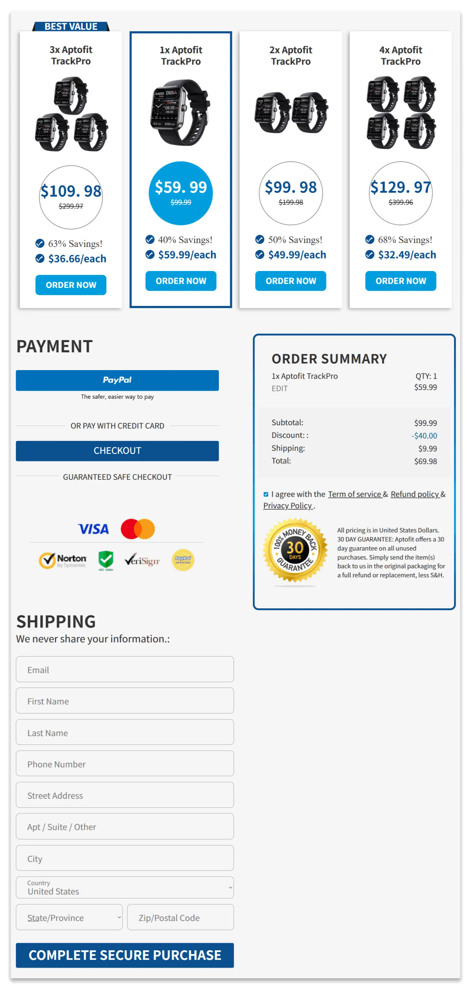 Aptofit TrackPro secure checkout page